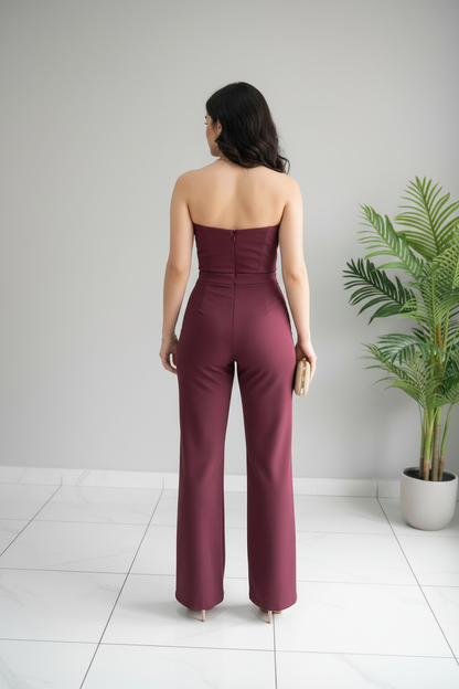 Conjunto Elegante Vino Borgoña Top Strapless con Lazo y Pantalón Wide Leg cod.514