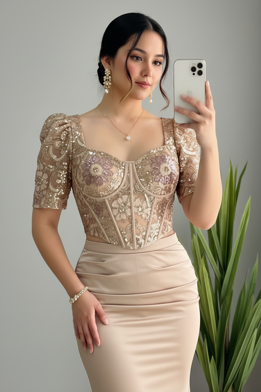 Vestido Sirena Dorado Champagne — Corset Lentejuelas, Bordado Floral & Cola cod.882