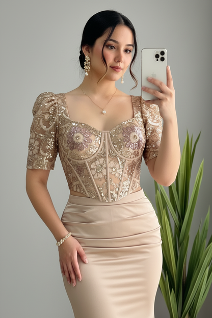 Vestido Sirena Dorado Champagne — Corset Lentejuelas, Bordado Floral & Cola cod.882