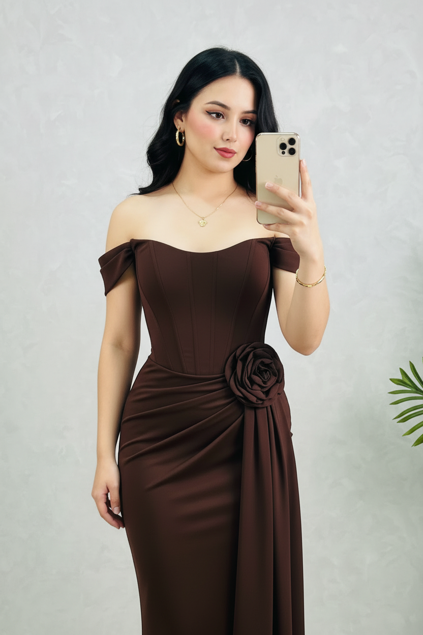 Vestido Formal Café Oscuro Off-Shoulder con Rosa 3D y Drapeado cod.511
