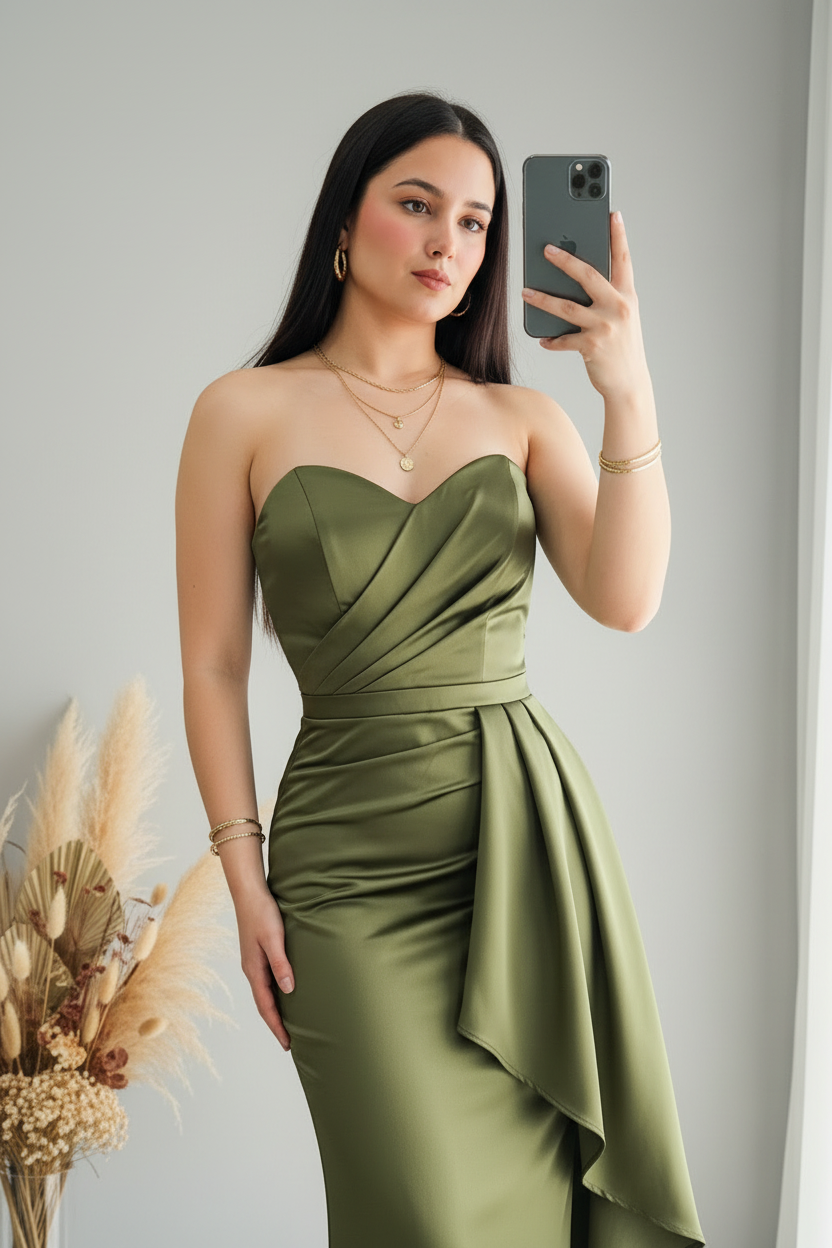 Vestido Verde Olivo Strapless Volante Lateral cod.V422