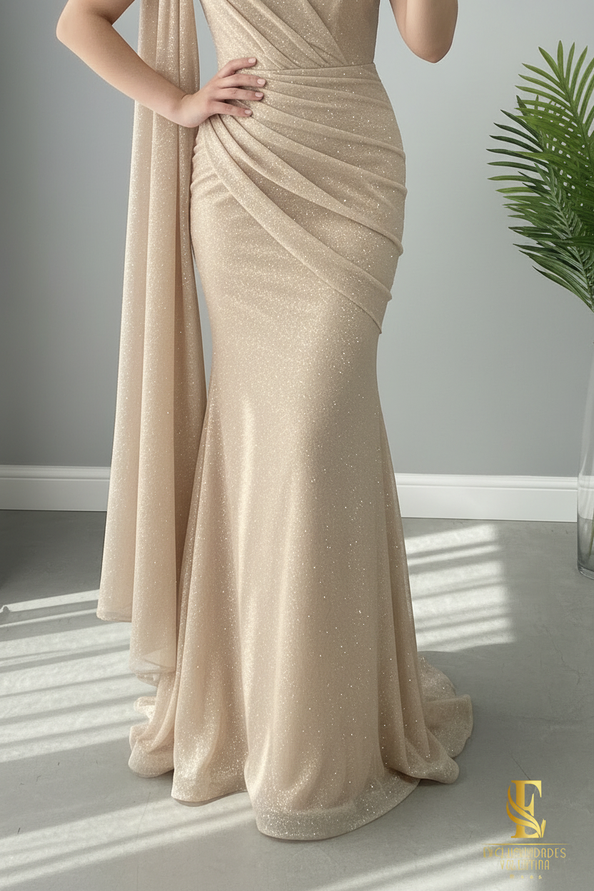 Vestido Sirena Champagne Dorado Un Hombro con Rosa Espiral y Capa Drapeada cod.V251