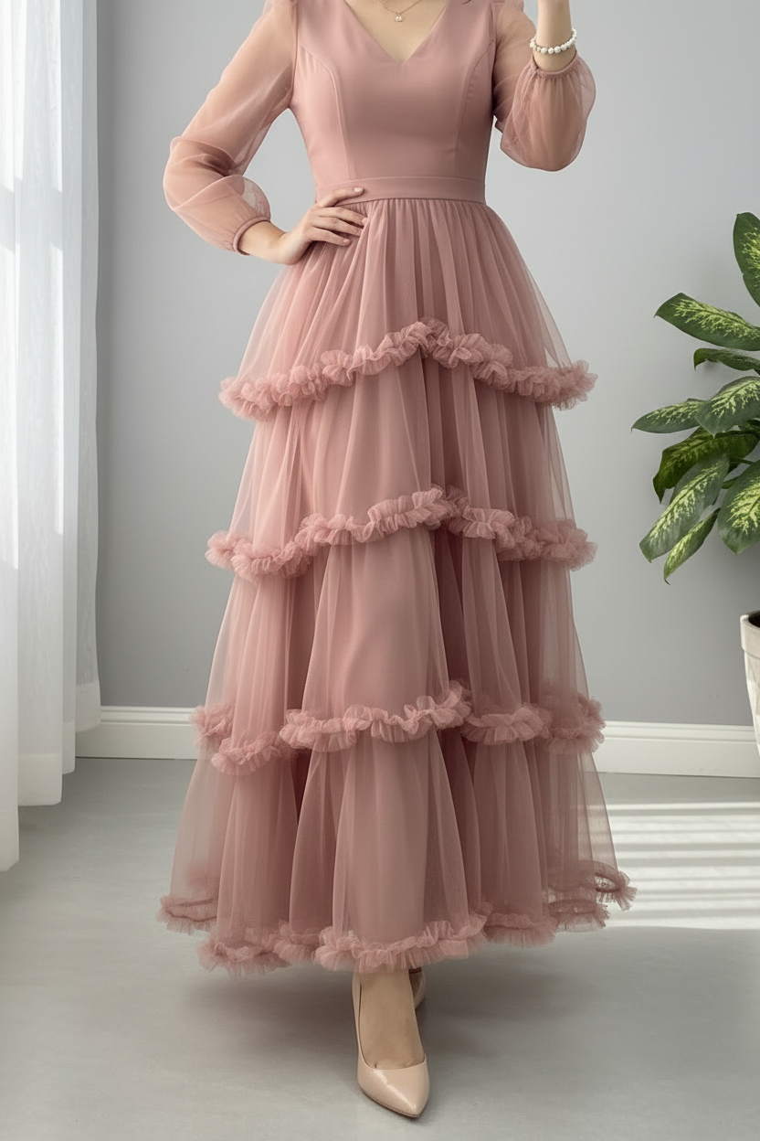 Vestido Rosa Palo Mauve Tul Manga Abullonada Escote V Volantes Cascada cod.827