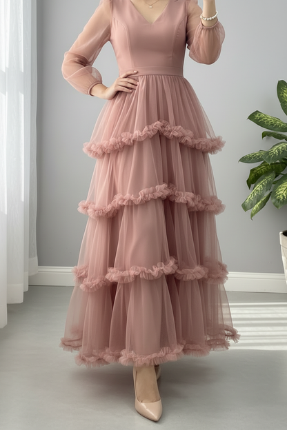 Vestido Rosa Palo Mauve Tul Manga Abullonada Escote V Volantes Cascada cod.827