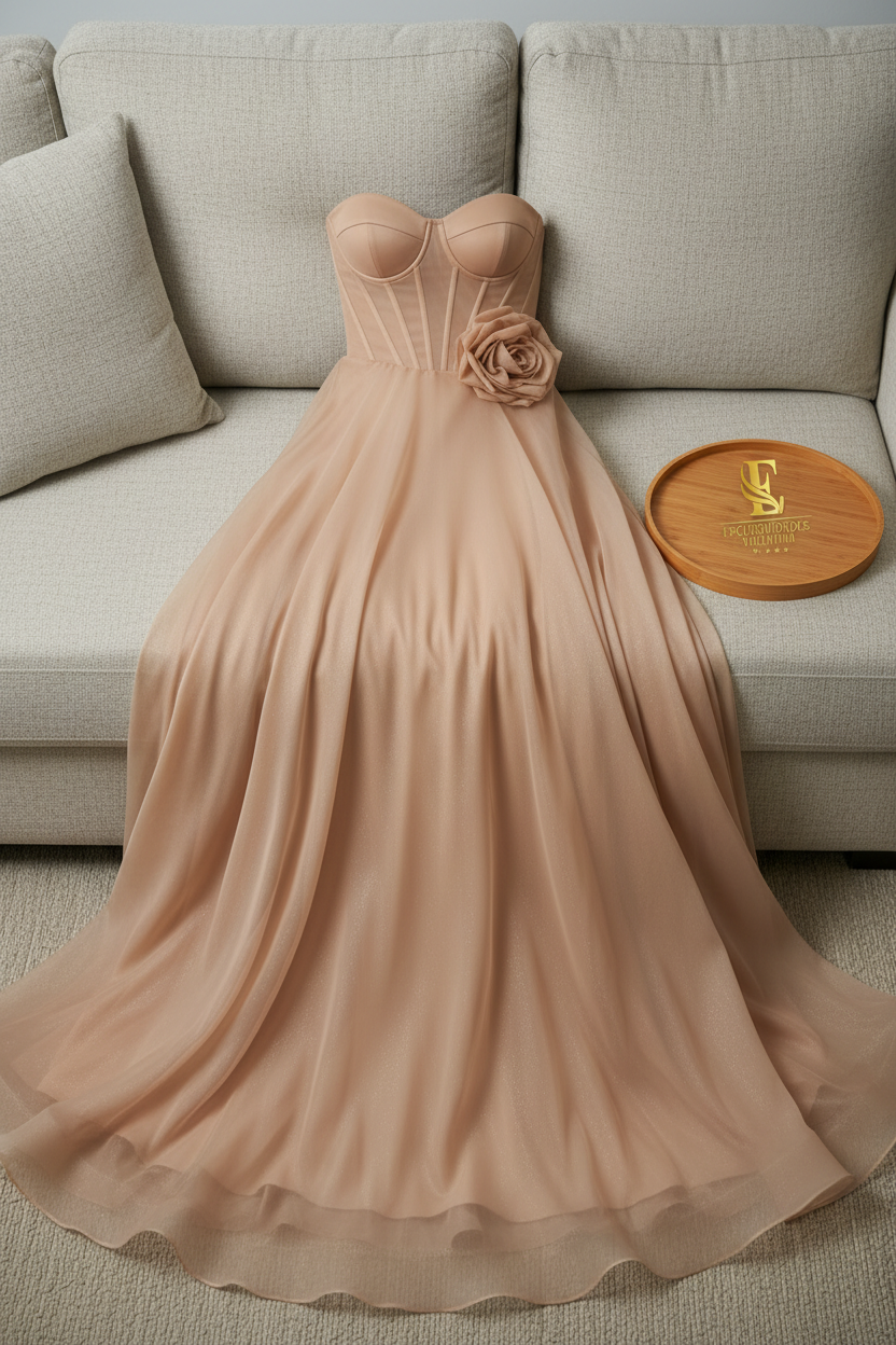 Vestido Champagne Strapless Corsé con Rosa 3D y Falda Organza Maxi cod.979