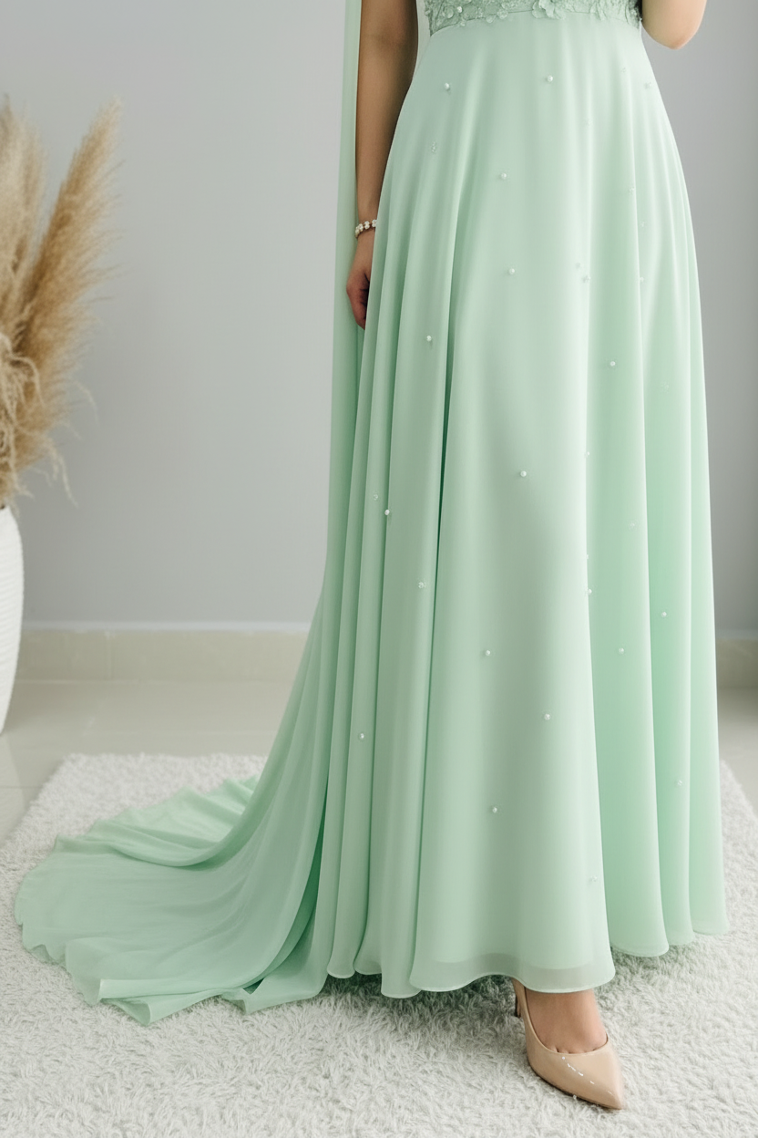Vestido Verde Menta — Escote Corazón & Capa cod.849