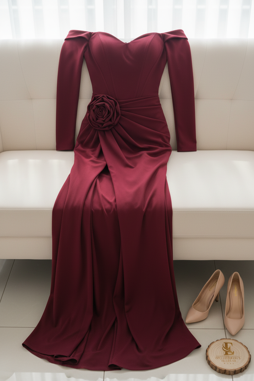 Vestido Vino Off-Shoulder Rose 3D con Drapeado y Abertura cod.624
