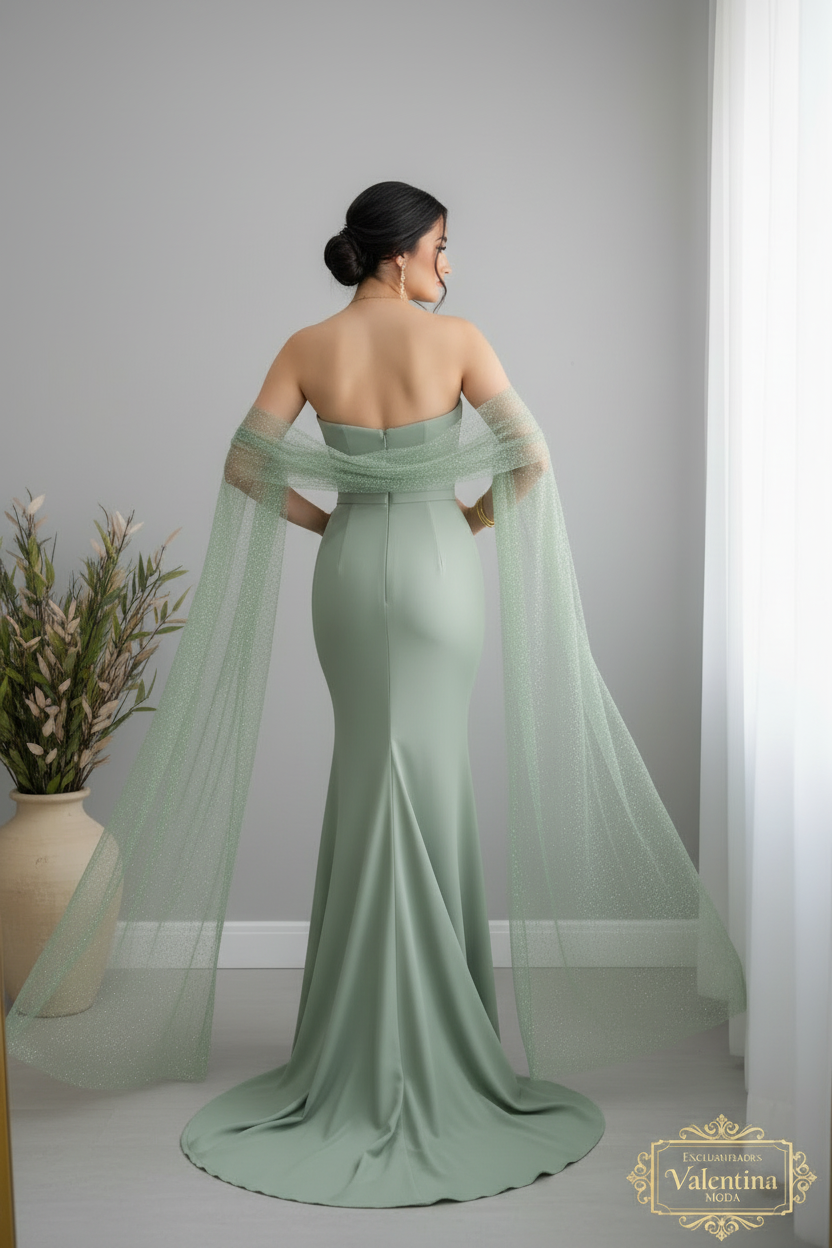 Vestido Sirena Verde Sage Rosa 3D Capa Tul cod.917