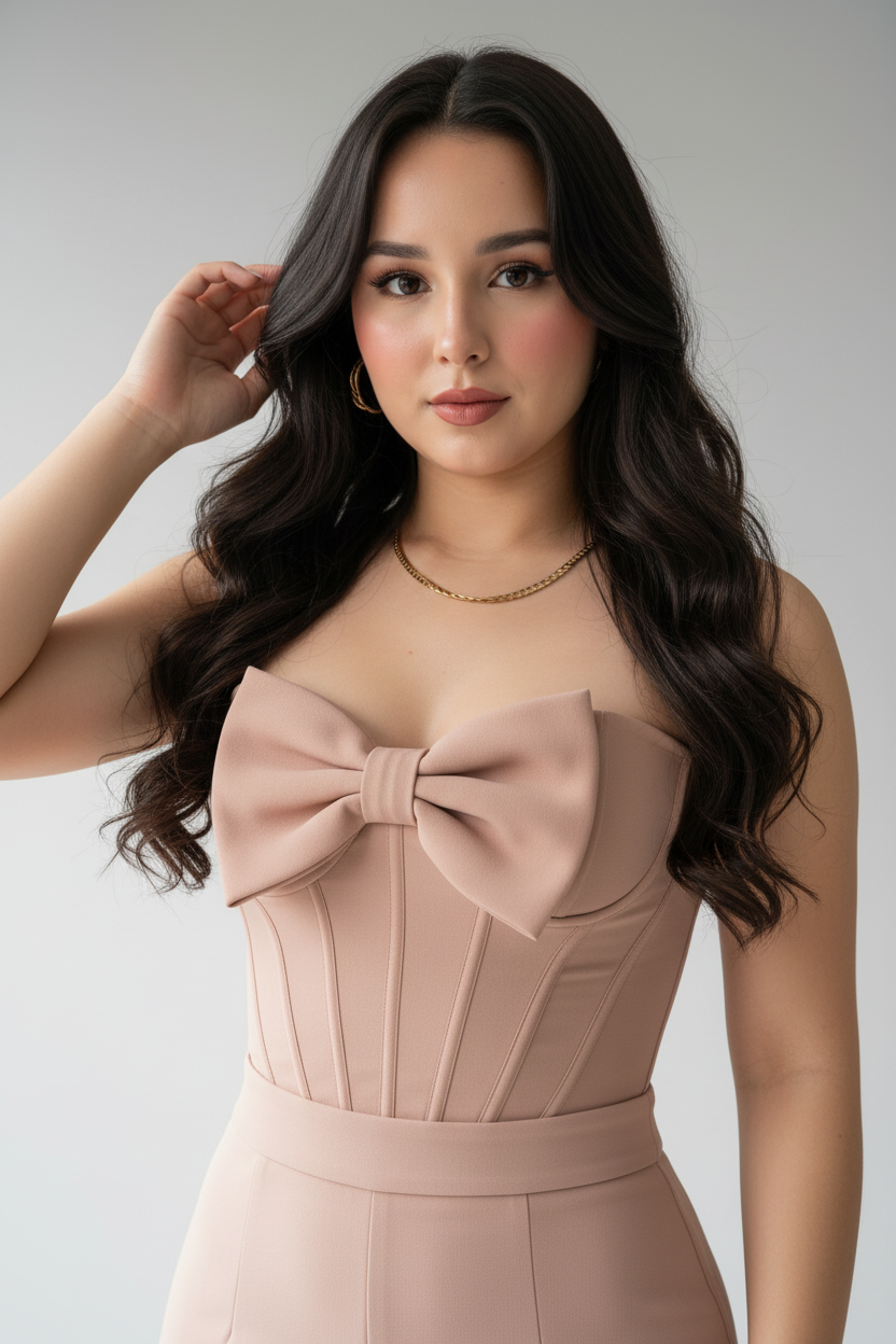 Conjunto Rosa Nude Corset con Lazo 3D y Pantalón Acampanado cod.657