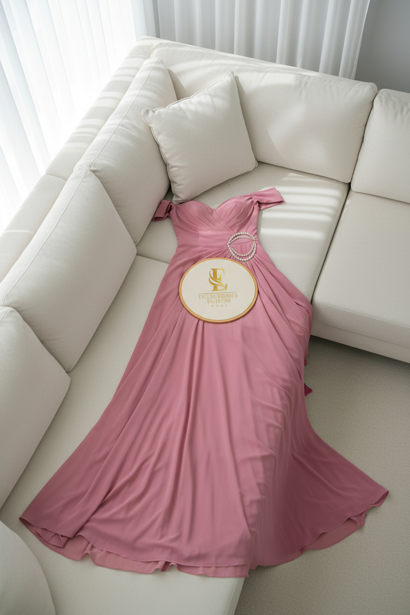 Vestido Rosa Antiguo Off-Shoulder con Broche de Perlas cod.0068