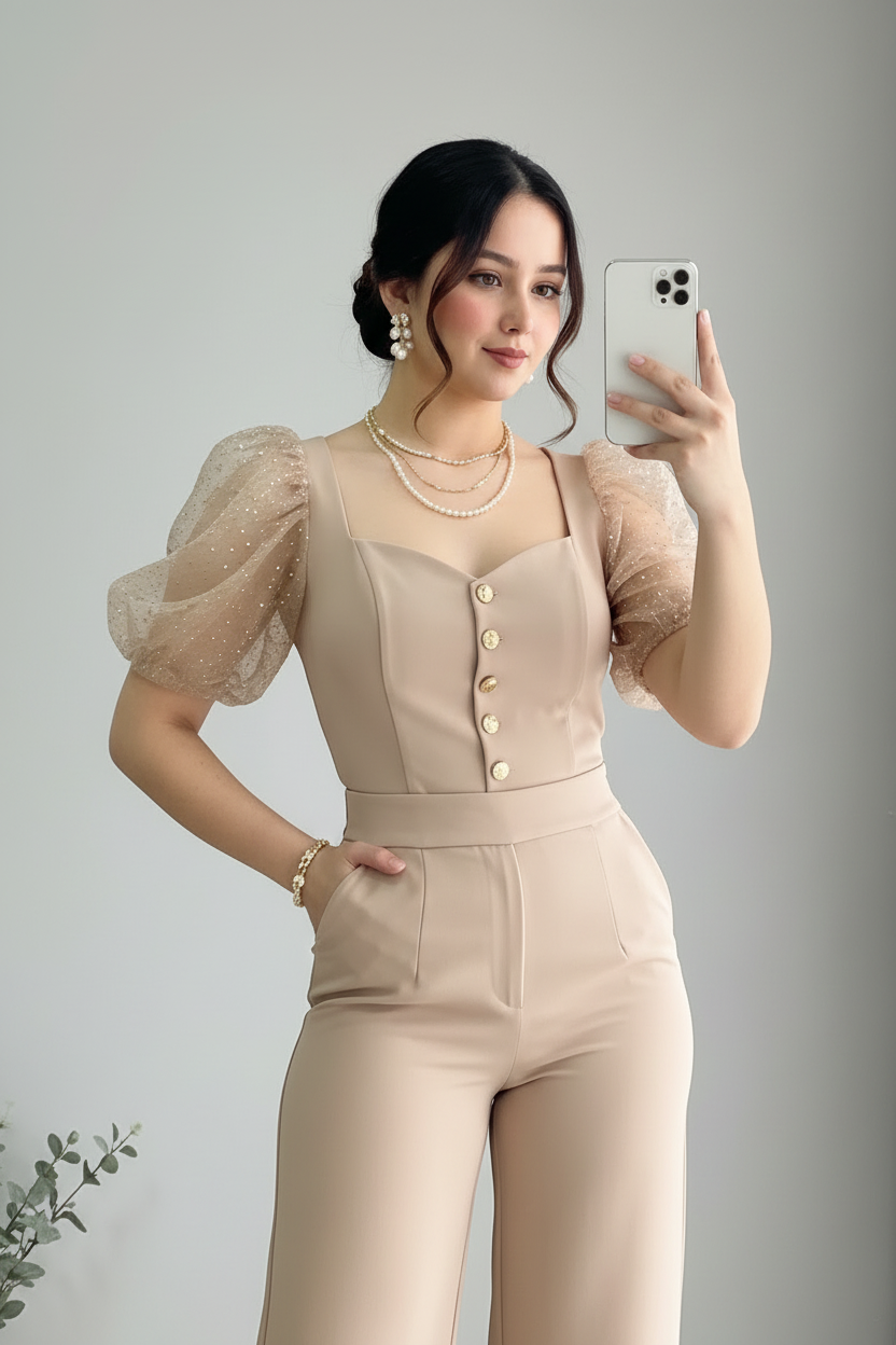 Jumpsuit Beige Champagne — Escote Corazón, Botones Dorados & Mangas Tul Perlas cod.880