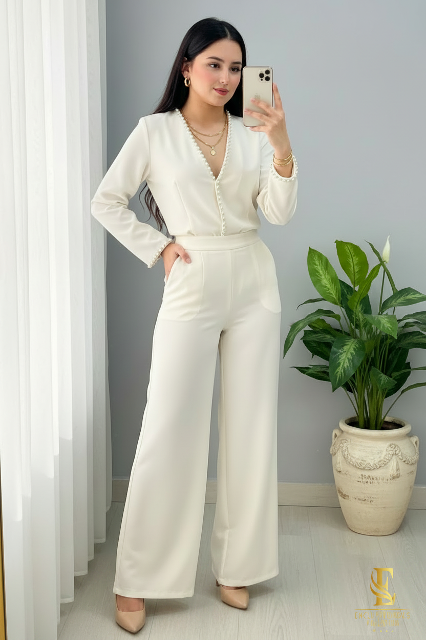 Conjunto Marfil — Top Cruzado con Perlas & Palazzo cod.0038