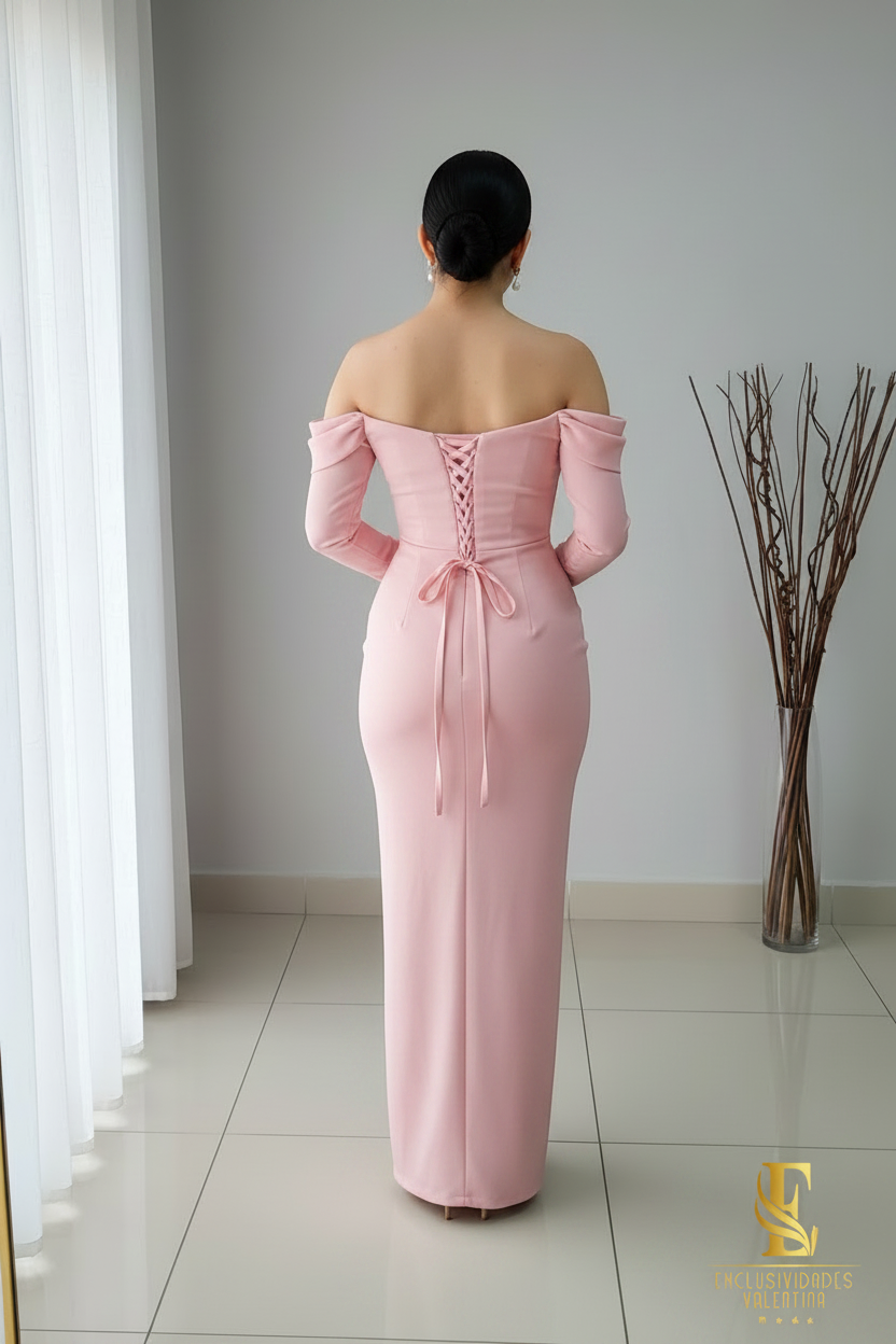 Vestido Rosado Off-Shoulder Manga Larga Drapeado cod.V346
