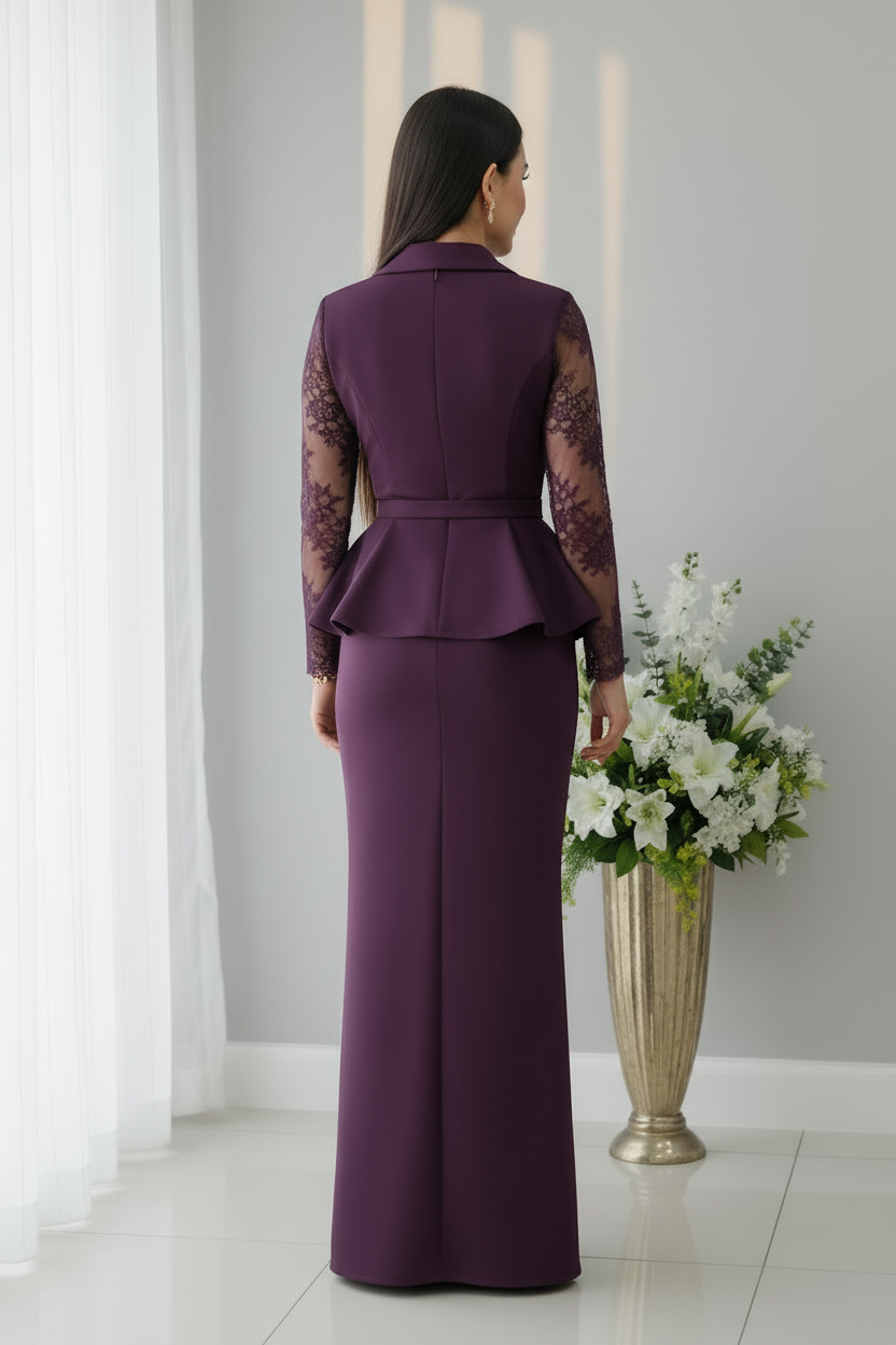 Conjunto Dos Piezas Blazer Peplum Morado con Encaje y Cinturón Dorado cod.C940