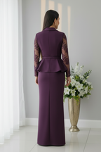 Conjunto Dos Piezas Blazer Peplum Morado con Encaje y Cinturón Dorado cod.C940