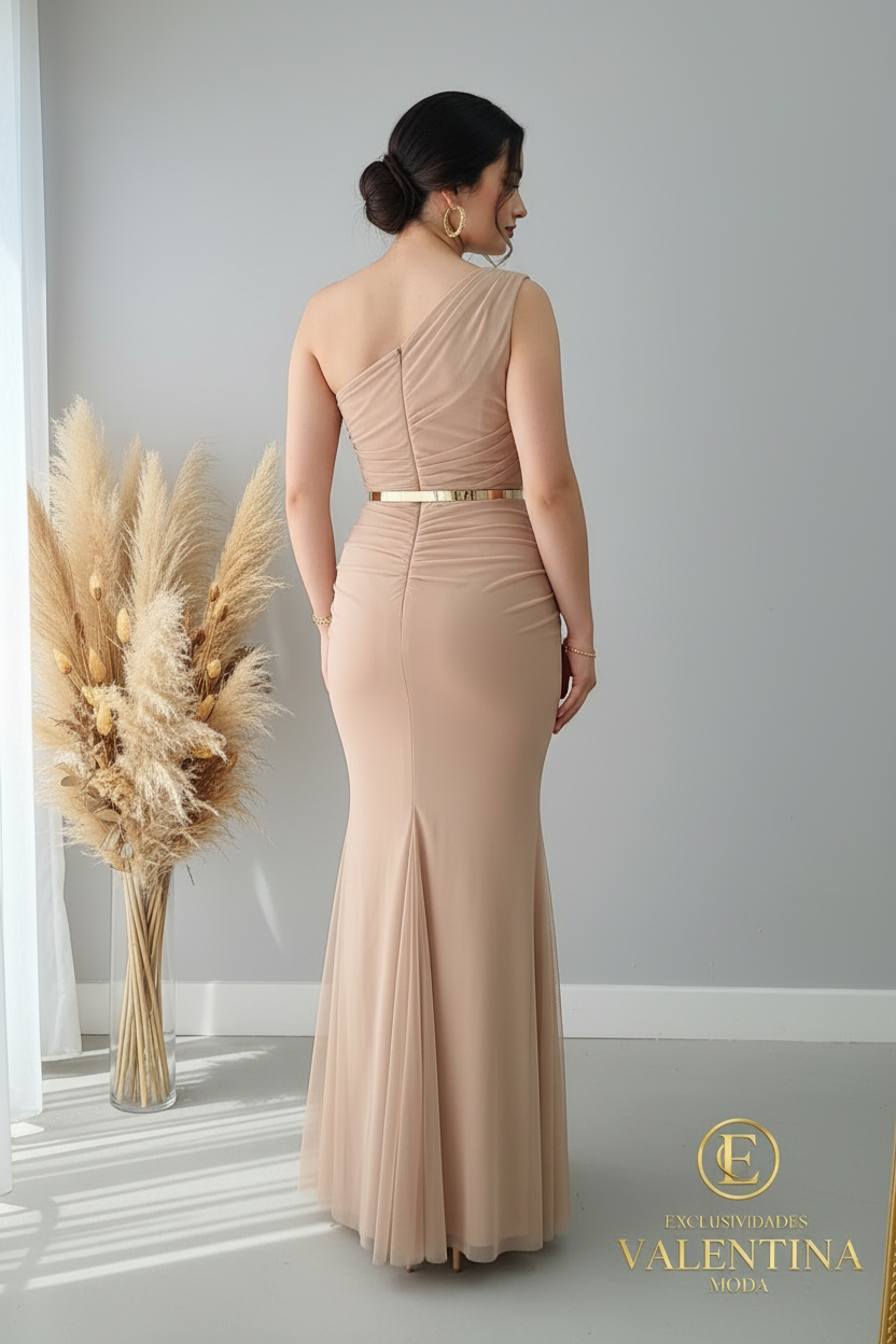 Vestido Sirena Champagne Un Hombro Tul Drapeado Lazo cod.V405