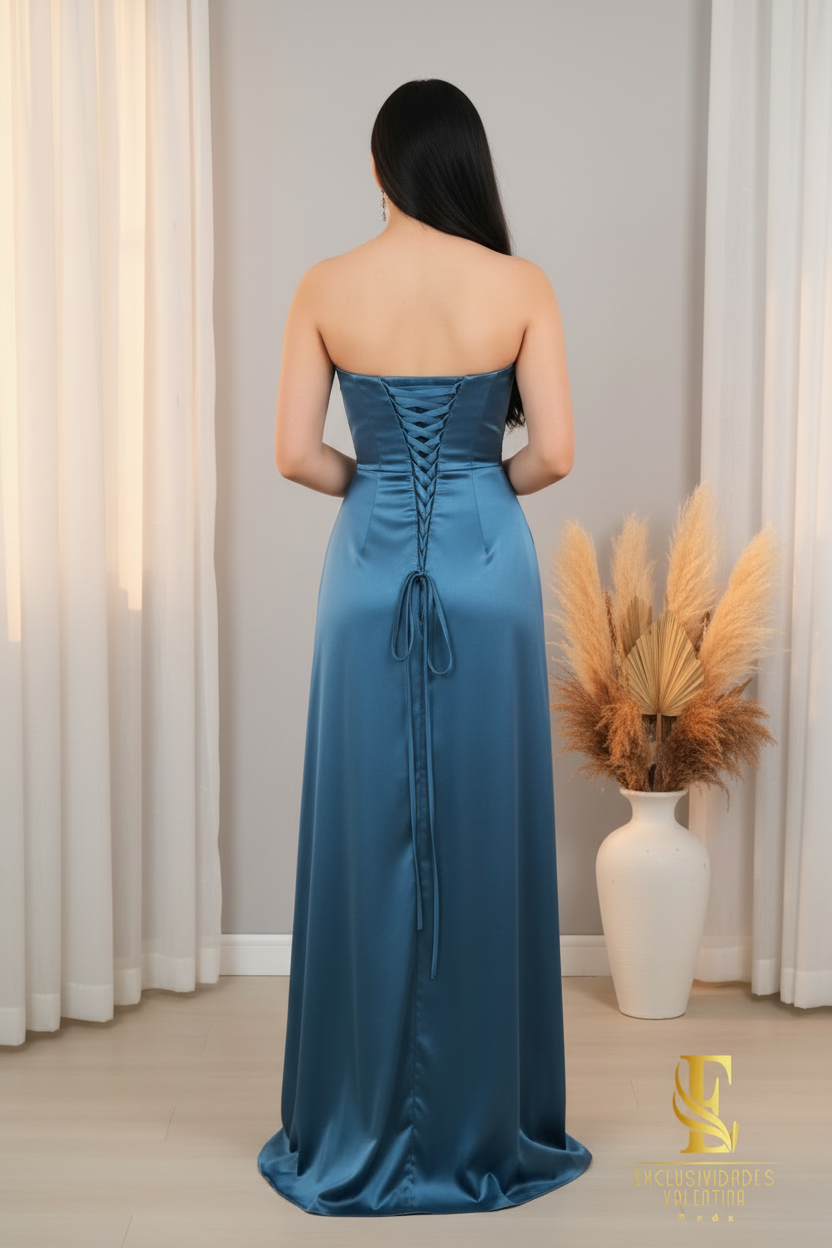Vestido Satinado Azul Petróleo cod.00185
