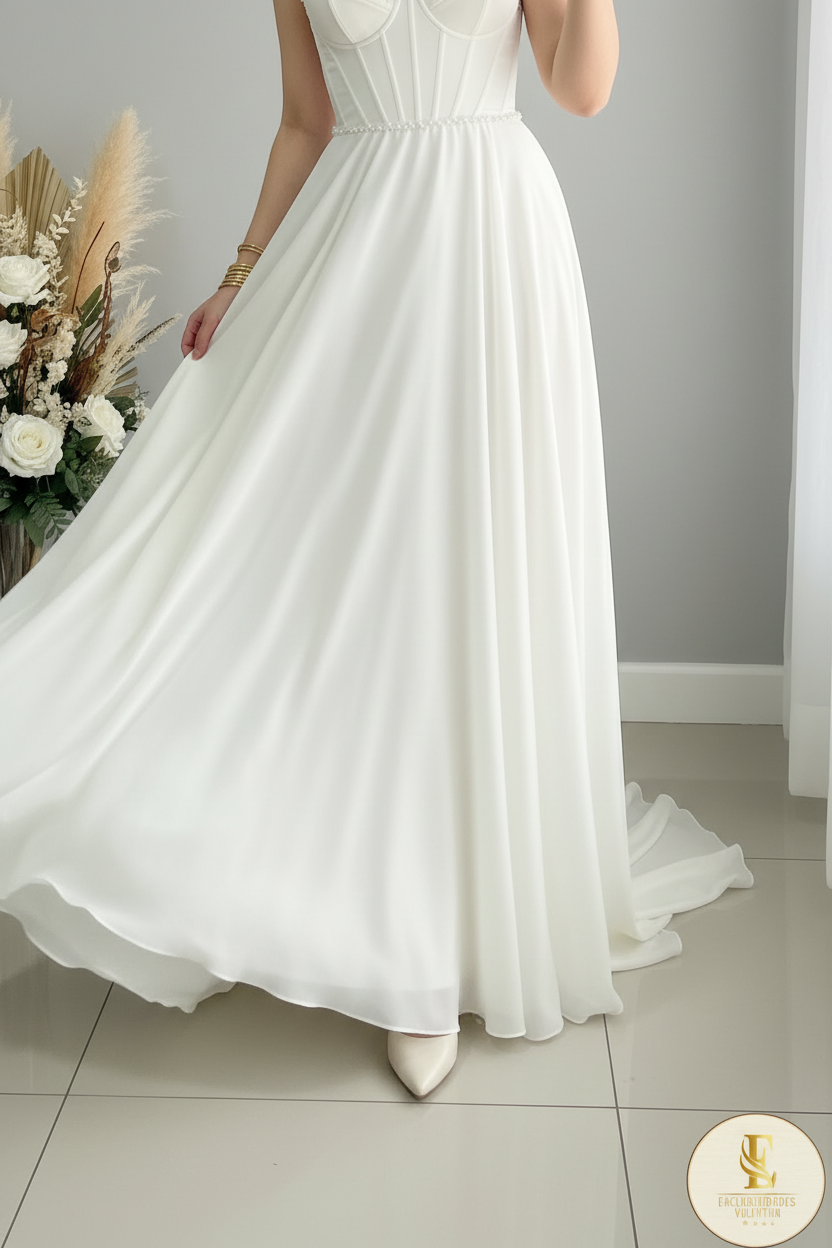 Vestido Blanco Strapless Corset Chiffon Fluido cod.V391