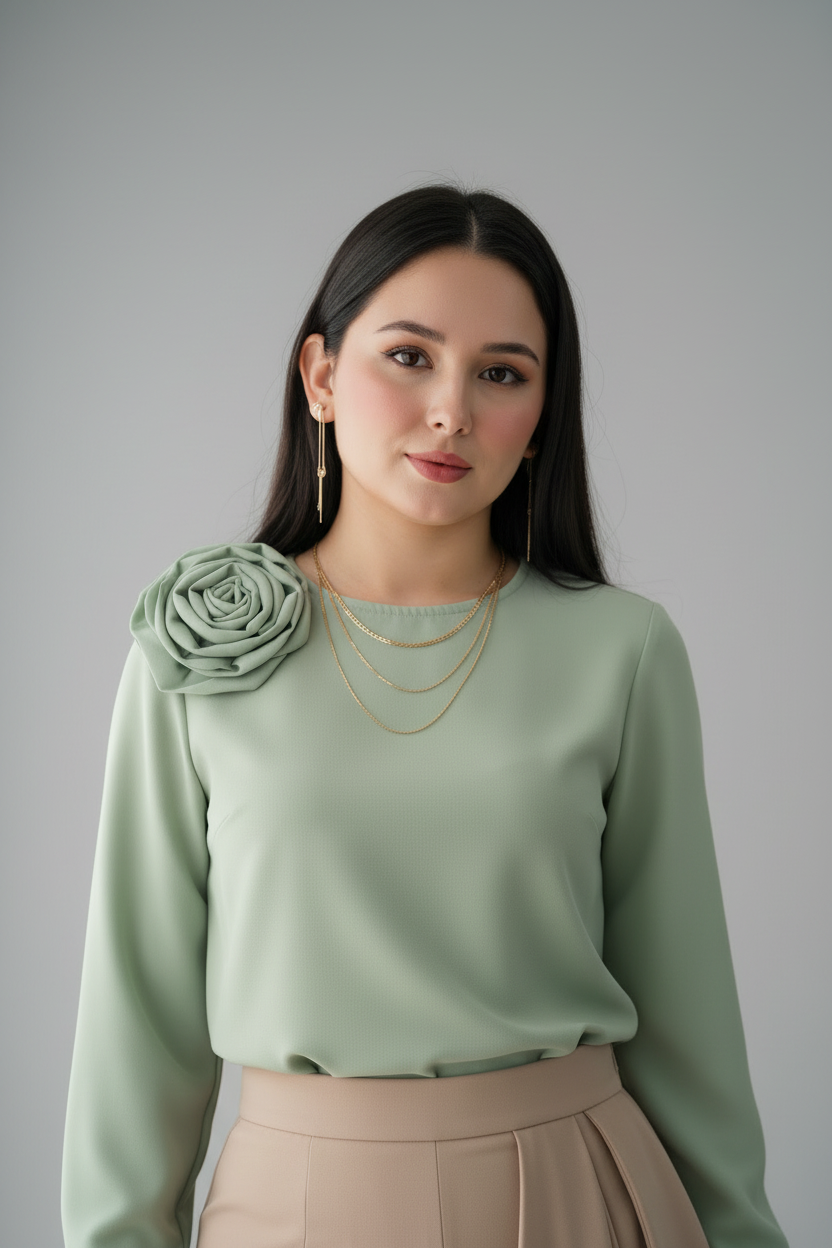 Conjunto Mint Rose & Beige Ruffle – Top Verde Menta Rosa 3D + Pantalón Palazzo Beige con Volantes cod.697