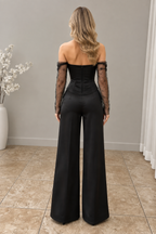 Conjunto Negro Satinado con Rosa 3D y Pantalón Palazzo cod.CJ004
