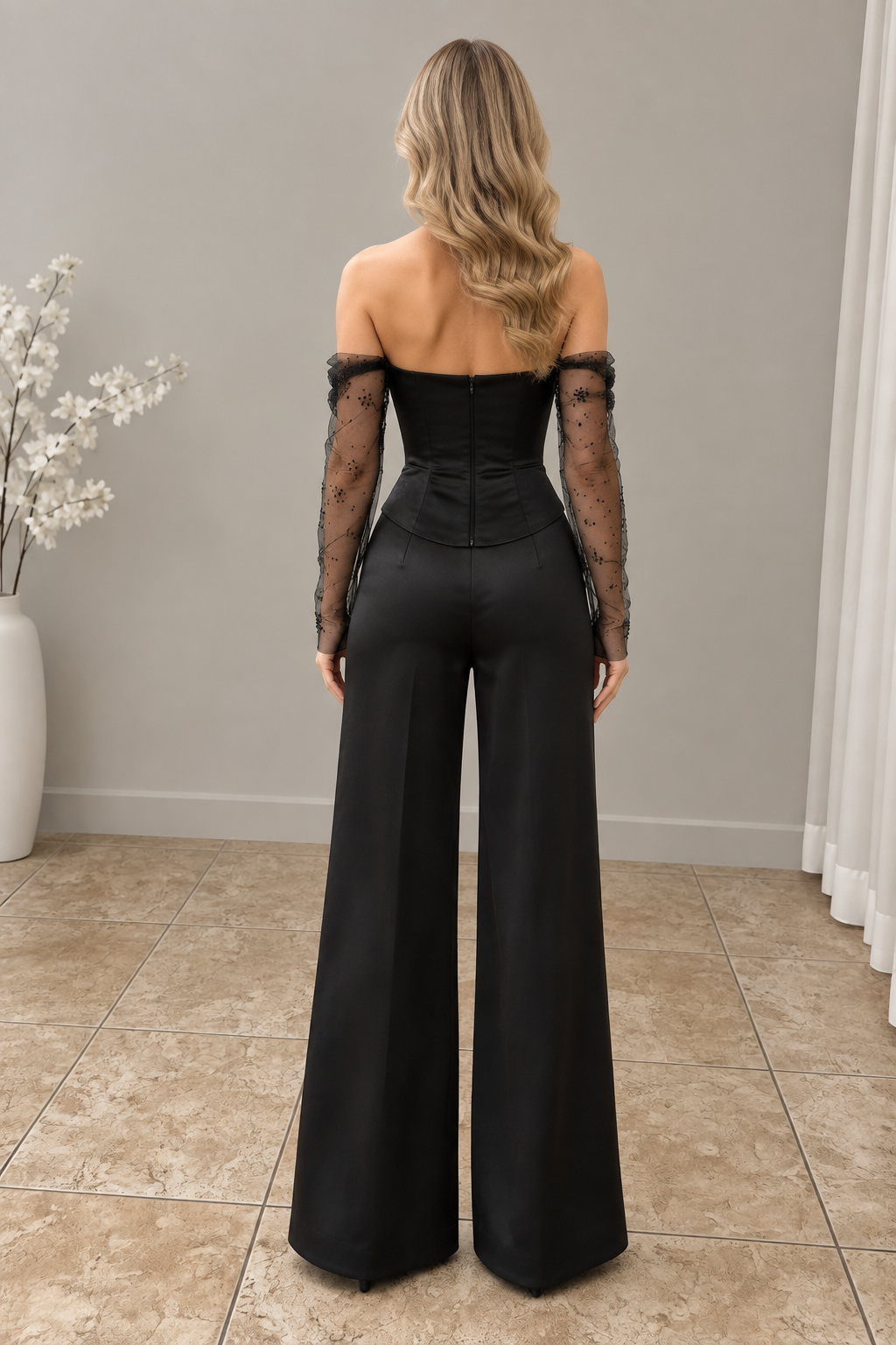 Conjunto Negro Satinado con Rosa 3D y Pantalón Palazzo cod.CJ004