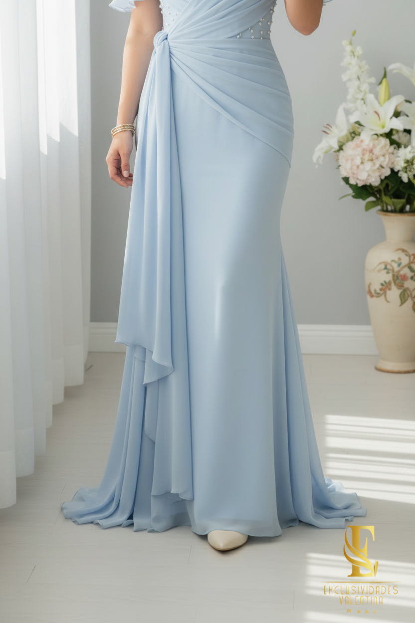 Vestido Sirena Azul Cielo | Off-Shoulder con Volantes, Perlas y Lazo en Gasa cod.V516