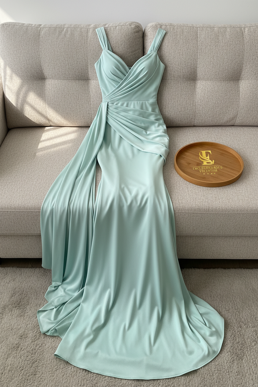 Vestido Aqua Menta Sirena con Train Lateral cod.955