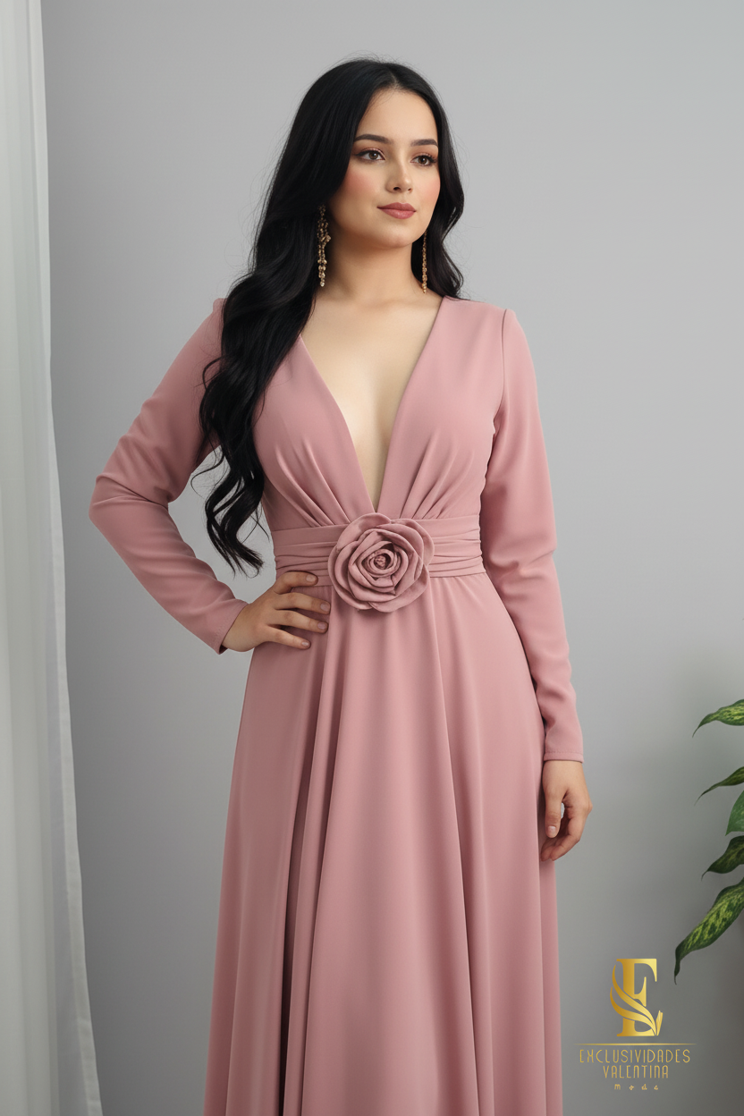 Vestido Rosa Palo Escote V con Rosa en Cintura