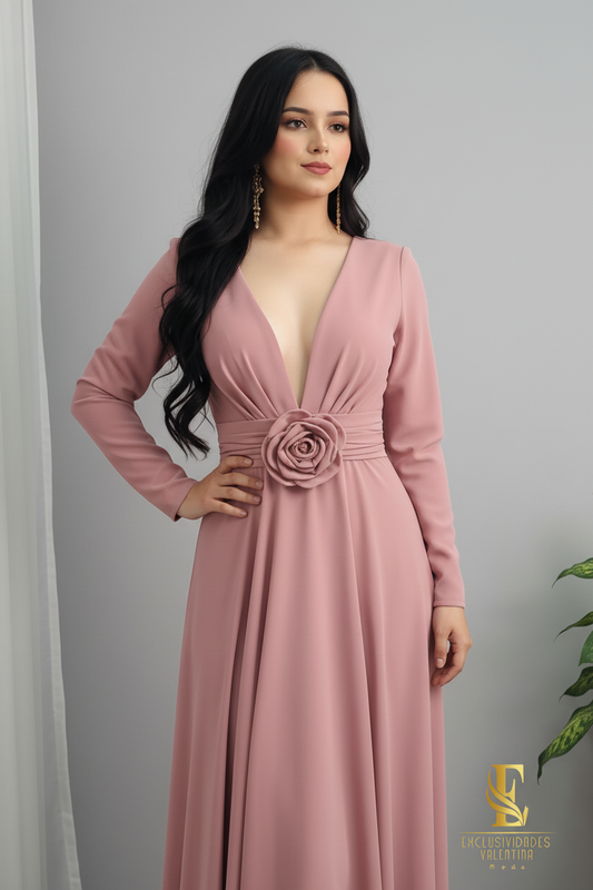 Vestido Rosa Palo Escote V con Rosa en Cintura