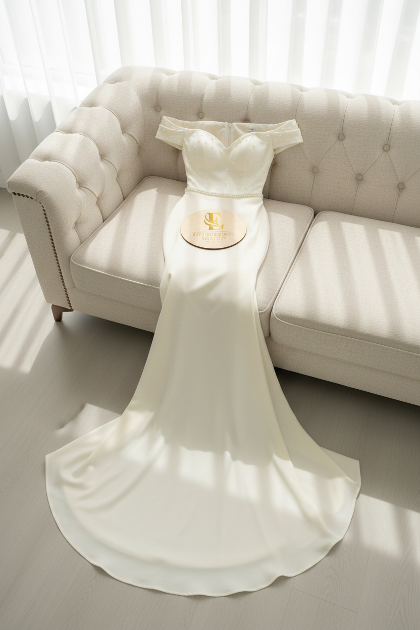 Vestido Marfil Sirena Off-Shoulder con Perlas Dispersas y Abertura cod.0074