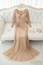 Vestido Largo Nude Sirena Rosa 3D Manga Tul cod.V712