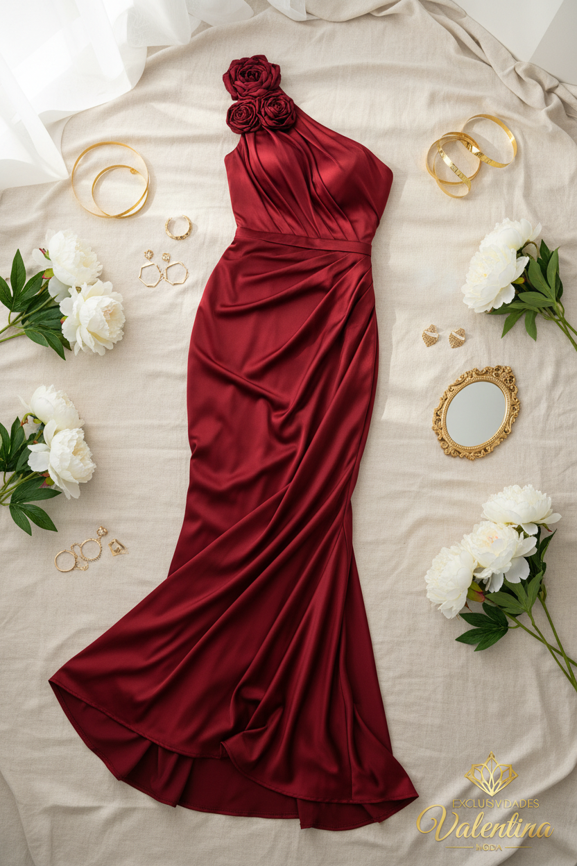 Vestido Rojo Vino Hombro Único Rosas 3D Drapeado y Cola — Gala y Eventos de Lujo cod.0070