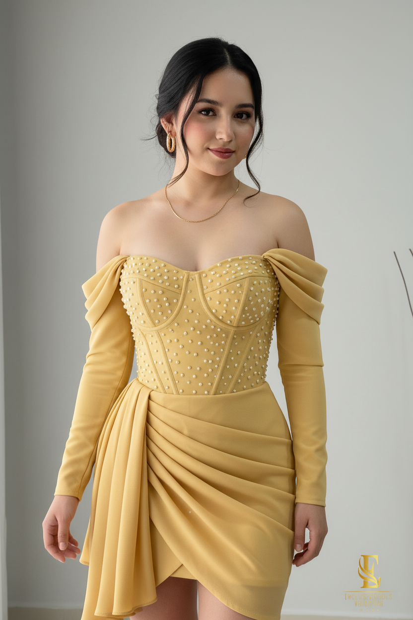 Vestido Dorado Corset Perlas cod.V325