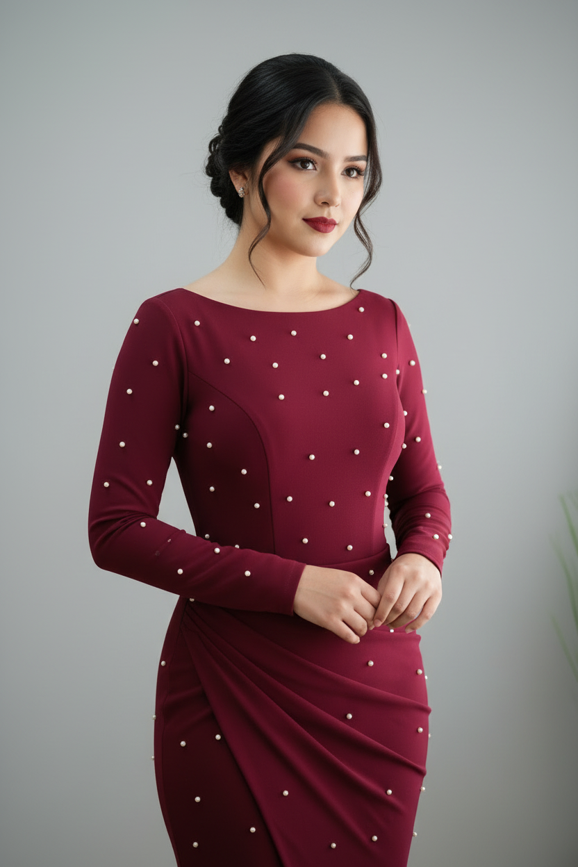 Vestido Sirena Borgoña con Perlas cod.V233