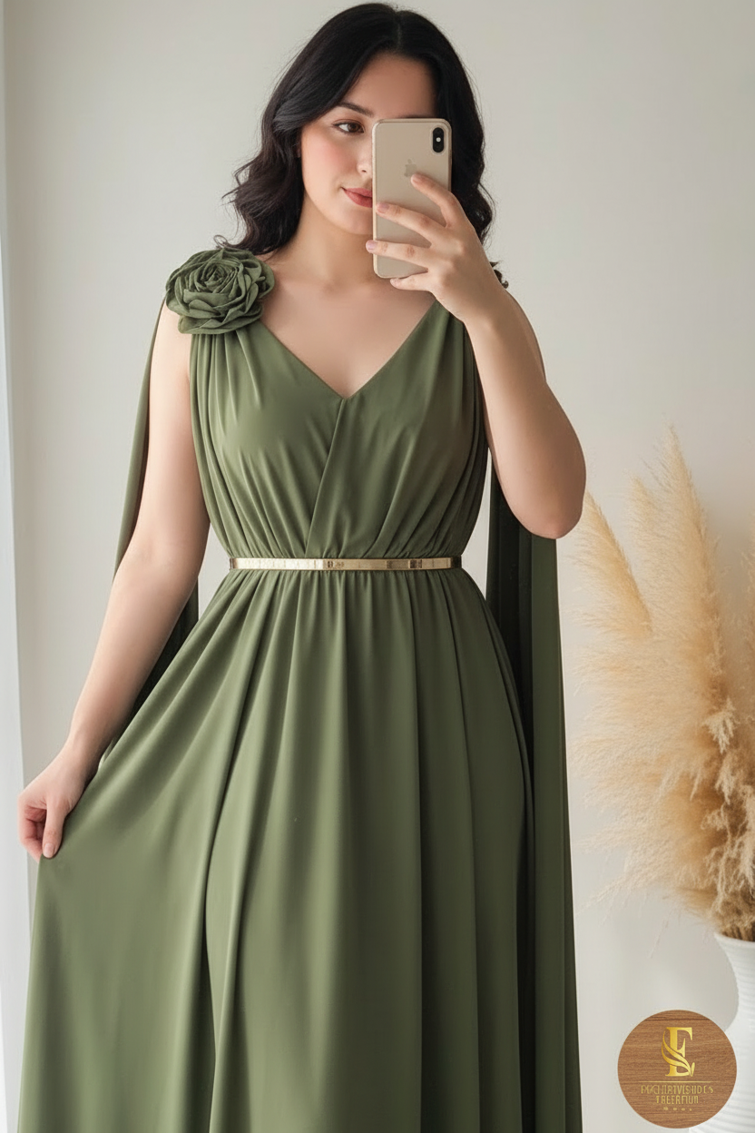 Vestido Verde Olivo Chiffon Escote V con Capa y Rosa cod.0095