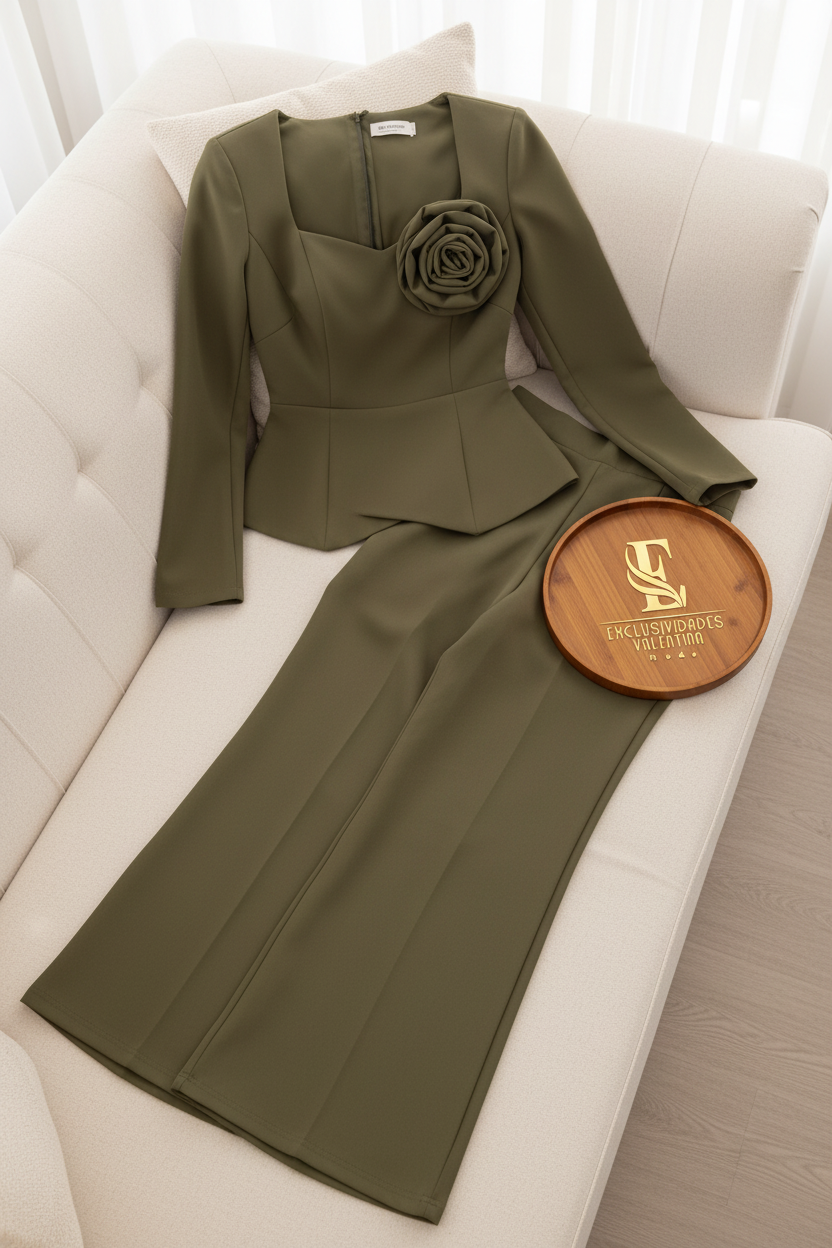 Conjunto Verde Militar — Blazer Peplum Rosa 3D & Palazzo cod.0036