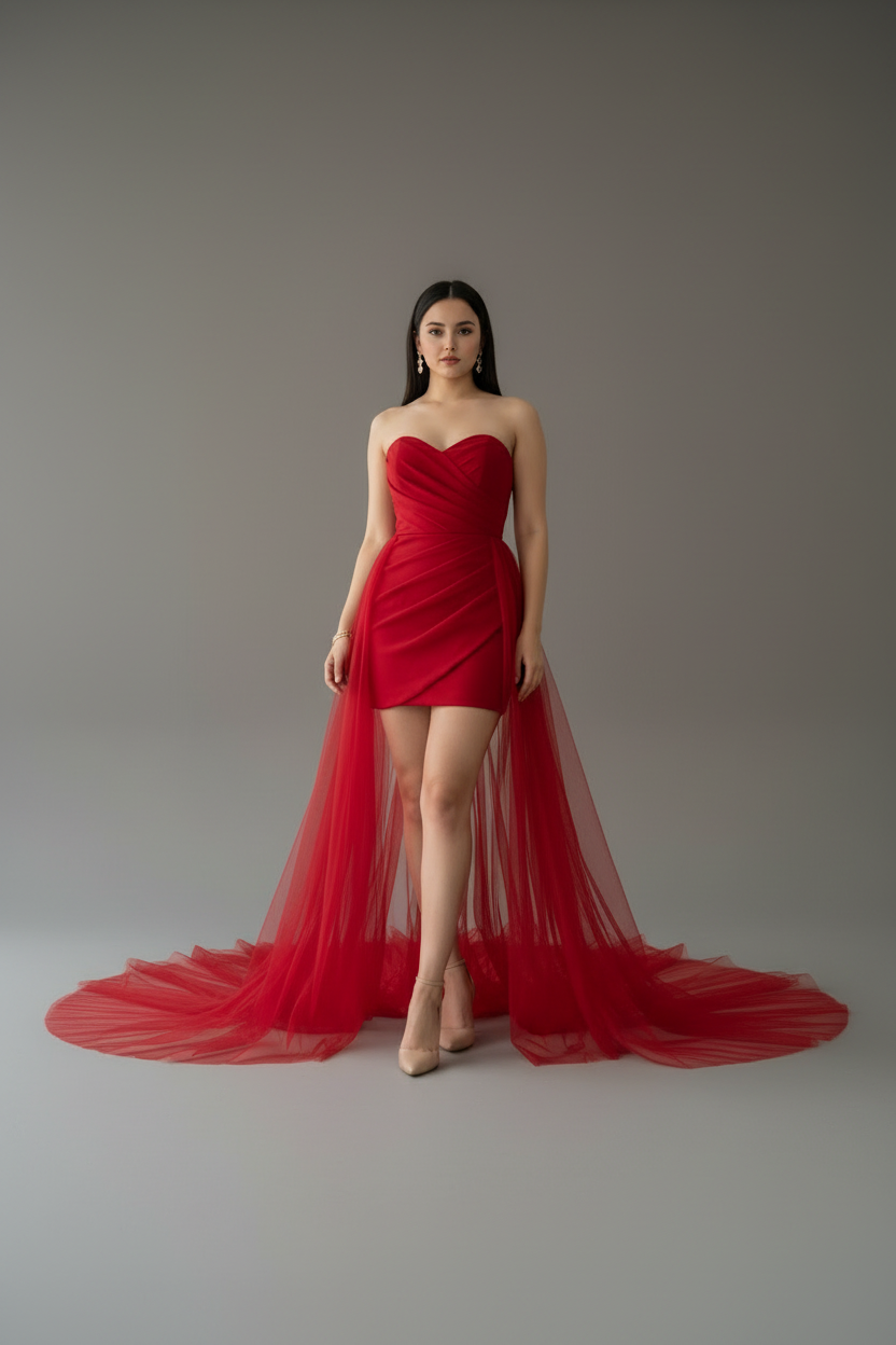 Vestido Rojo Strapless Mini Corset Drapeado con Cola de Tul Larga cod.772