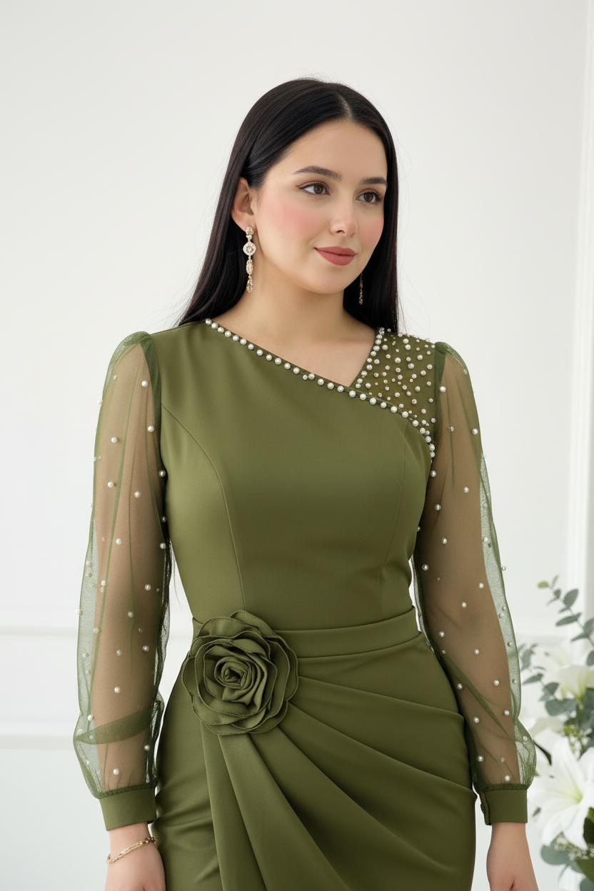 Vestido Largo Verde Oliva con Mangas de Tul con Perlas y Rosa 3D cod.V9499