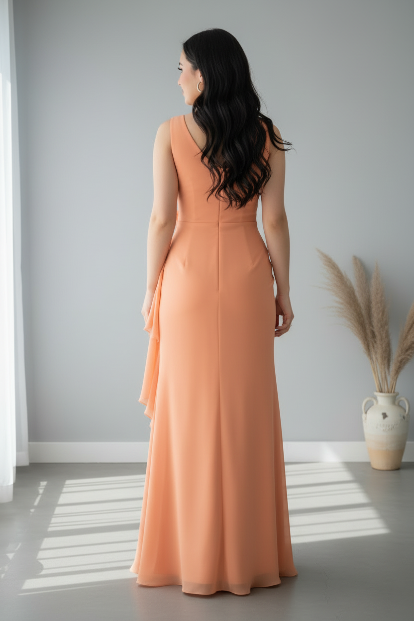 Vestido Salmón Sin Mangas Sirena con Rosa 3D y Volantes cod.966