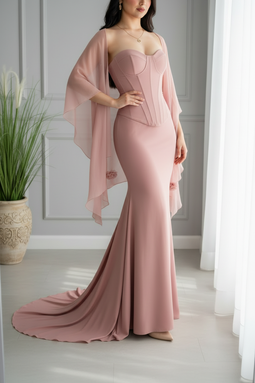Vestido Rosa Palo Corsé con Chalina Gasa cod.0016