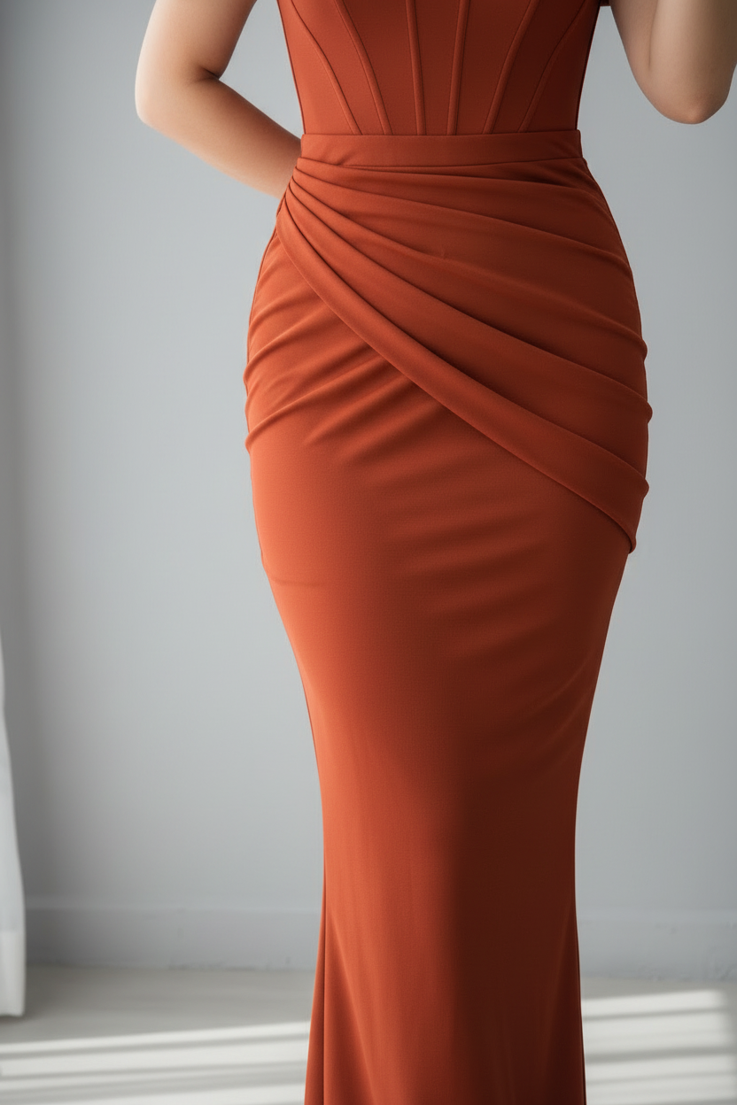 Vestido Terracota Off-Shoulder Corset Rosa 3D y Falda Sirena Drapeada cod.766