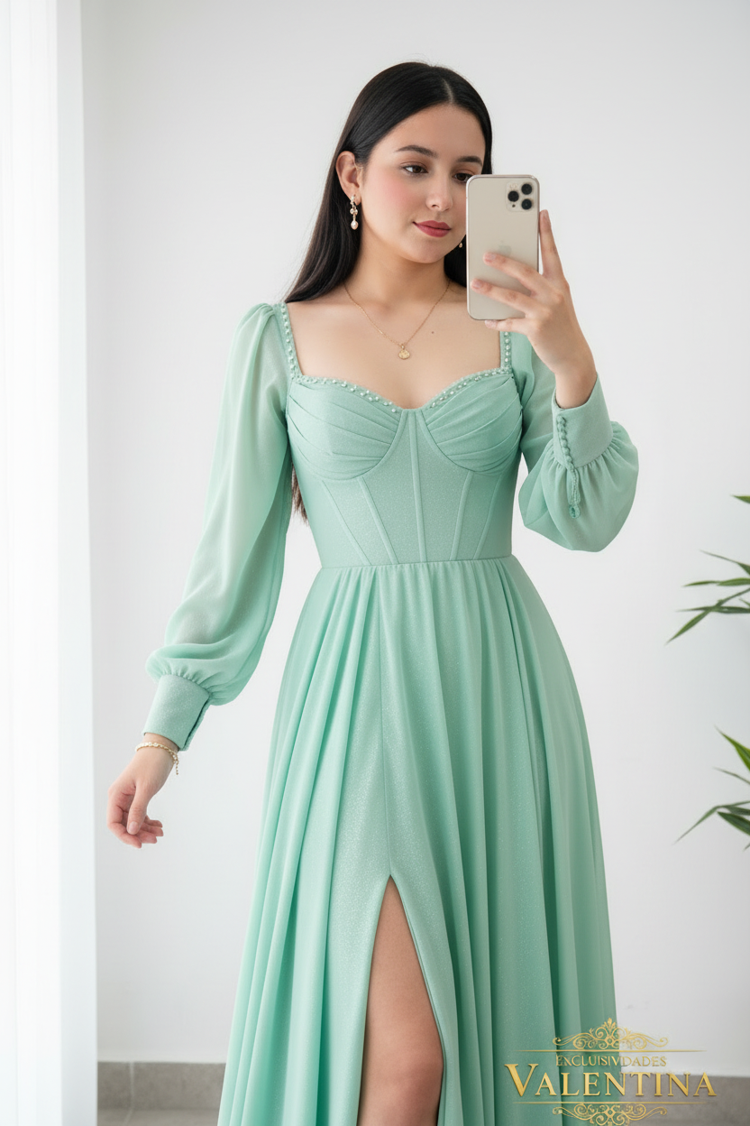 Vestido Verde Menta · Corset Chifón cod.V264
