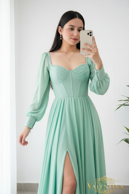 Vestido Verde Menta · Corset Chifón cod.V264