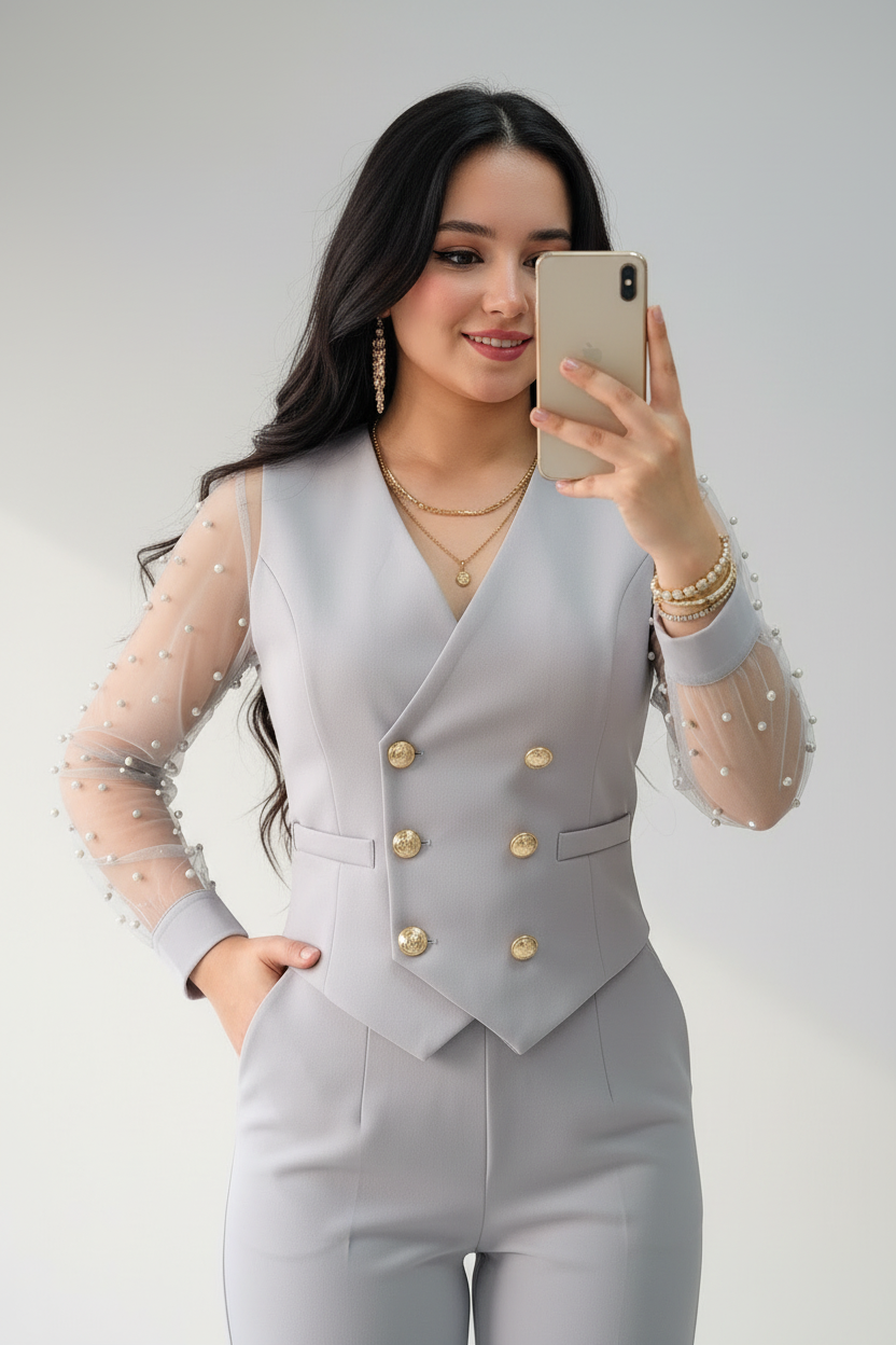 Conjunto Gris Perla Chaleco Doble Botonadura con Mangas Tul de Perlas cod.662