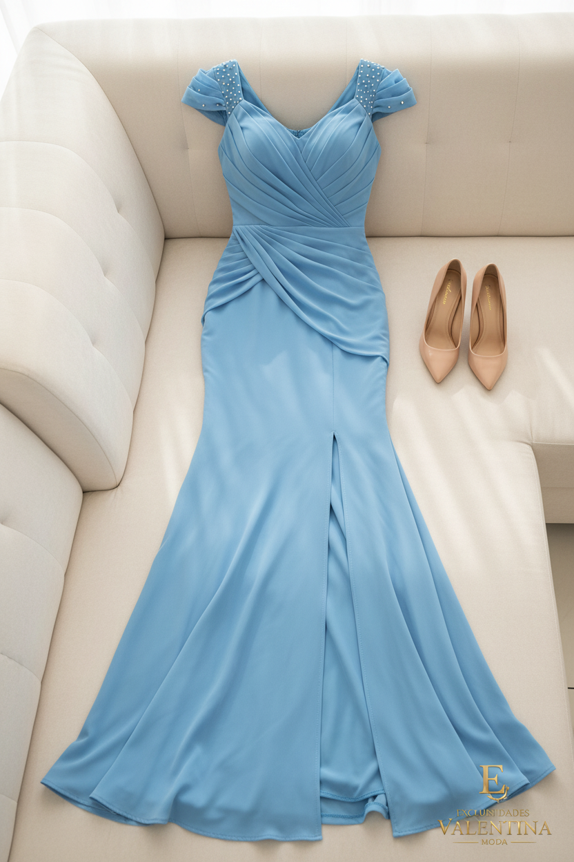 Vestido Sirena Azul Cielo Drapeado Perlas Abertura cod.V404