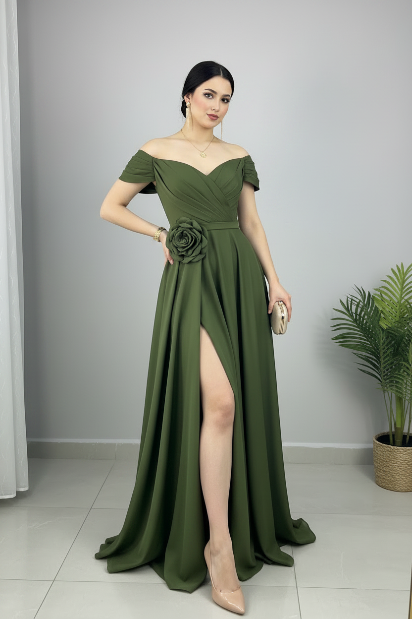 Vestido Largo Verde Oliva Off-Shoulder — Rosa 3D Cintura & Abertura Lateral cod.891
