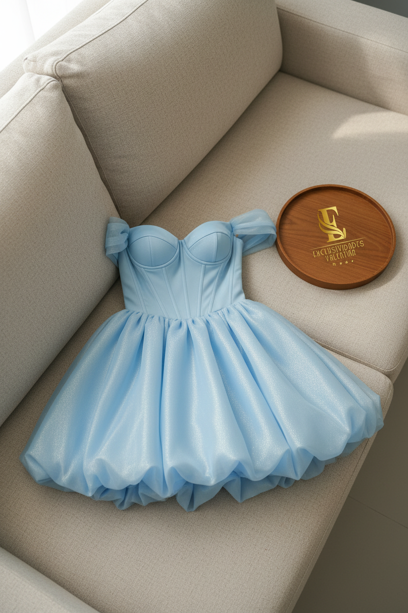 Vestido Azul Cielo Off-Shoulder Corsé con Falda Bubble Organza cod.977