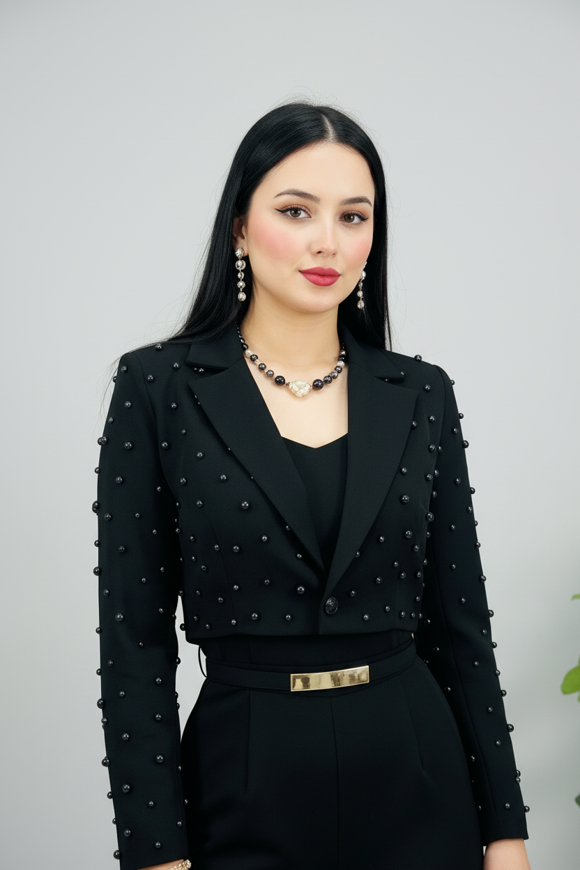 Conjunto Negro Blazer Corto con Perlas y Pantalón Palazzo cod.643