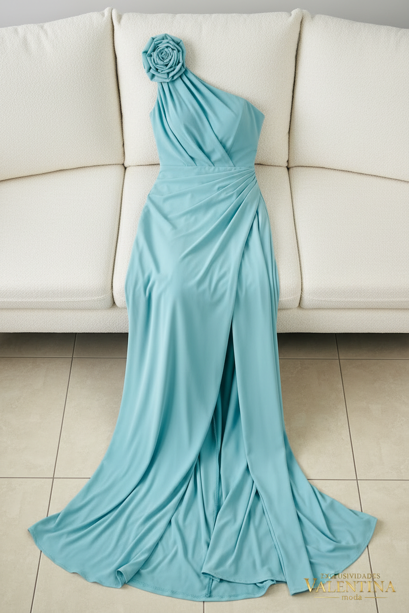Vestido Azul Teal Un Hombro con Rosa 3D y Abertura Lateral cod.V553
