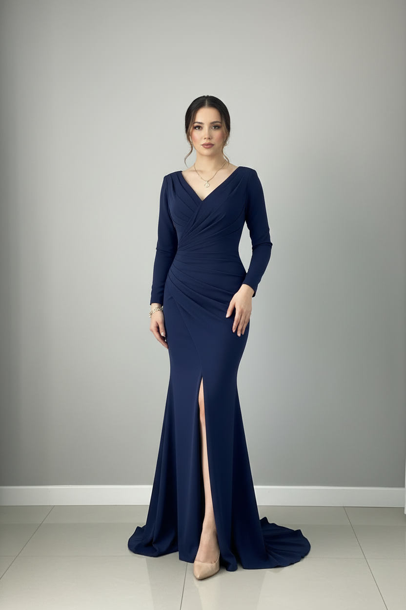 Vestido Sirena Azul Marino — Escote V Cruzado, Manga Larga & Abertura Frontal cod.889
